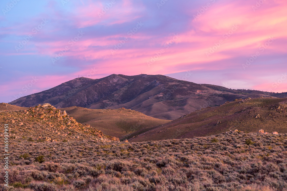 Pink sunset light on a desert mountain with sagebrush in the foreground