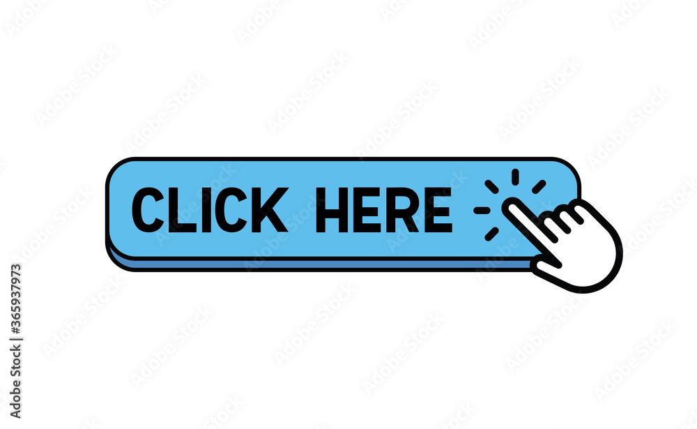 Click here web button. Isolated website buy or register bar icon with hand finger clicking cursor, design template. Click here web button. Isolated website buy or register bar icon with hand finger clicking cursor, design template.