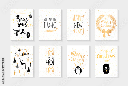 Vector set of white scandinavian Christmas cards with gold hand lettering and hand drawn moose elk with coffee, bear, penguin, spruces, deer, christmas trees, wreath isolated on white background.