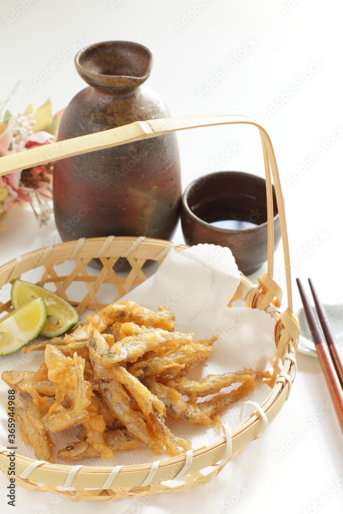 japanese food, deep fried small fish Tempura in bamboo basket