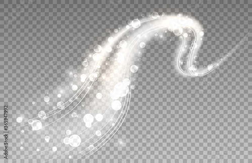 Dynamic white wave with sparks and bubbles. Transparent light effect