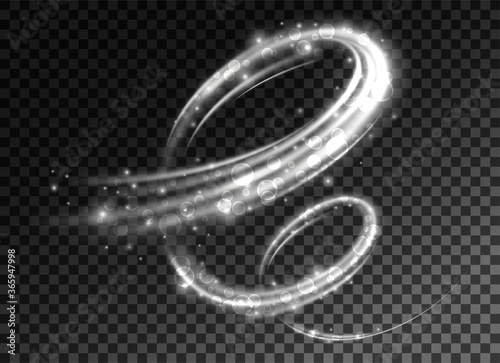 Dynamic white spiral, vortex or blizzard. Sparkling light effect on transparent background. Abstract element of freshness for design of chilled beverages, chewing gum, washing powders, soaps, shampoos