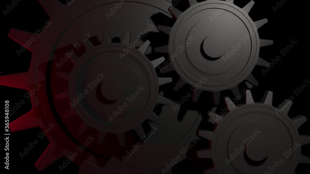 Slowly rotating dark metallic gears or cogs. Blinking red light flash reflecting off the cogs. Machinery background. 3D Rendered Looping animation.