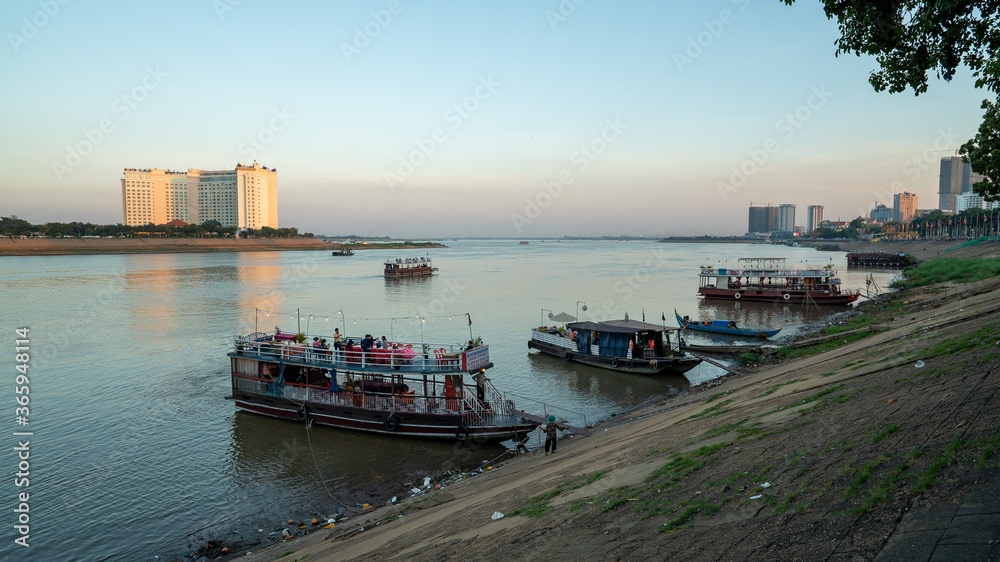 Boats on the Mekong River in Phnom Penh, Cambodia