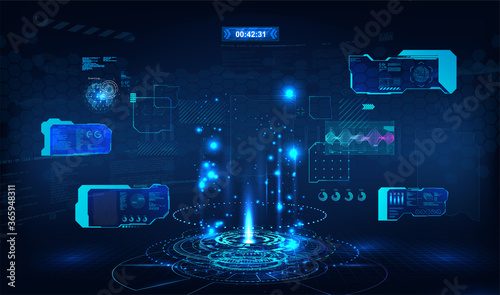 Blue presentation podium for UI, UX, GUI with Head Up Display elements. Circle technology portal HUD. Blank hologram for show your product. Virtual reality concept. Cyberpunk show presentation. Vector