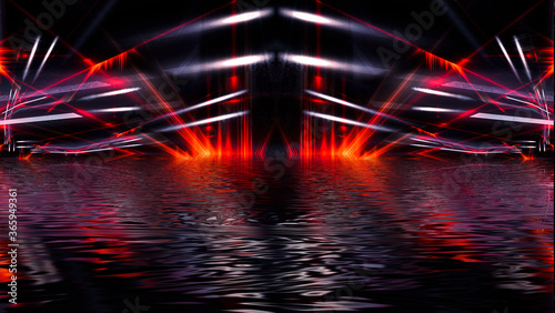 Dark neon background with rays and liquid, flowing lines. Night view, reflection in the water of neon light. Abstract dark bright red neon. 3d illustration © MiaStendal