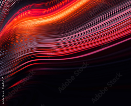 Dark neon modern background with rays and liquid  flowing reds  fire lines. Light lines  bright accent background. Acrylic liquid. 3d illustration