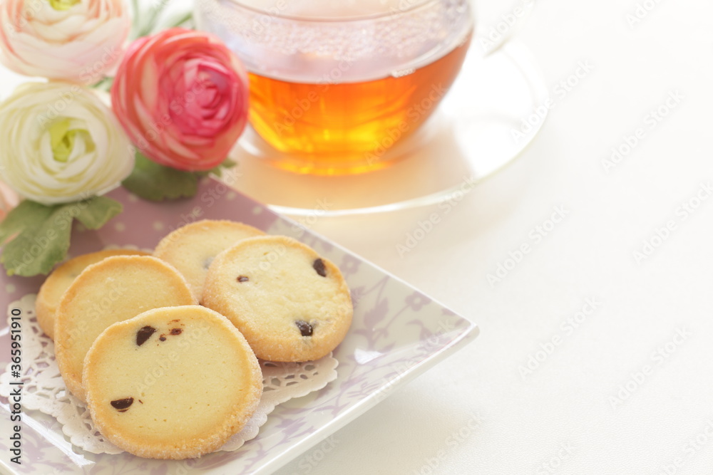 homemade chocolate chips cookie with copy space and tea homemade chocolate chips cookie with copy space and tea