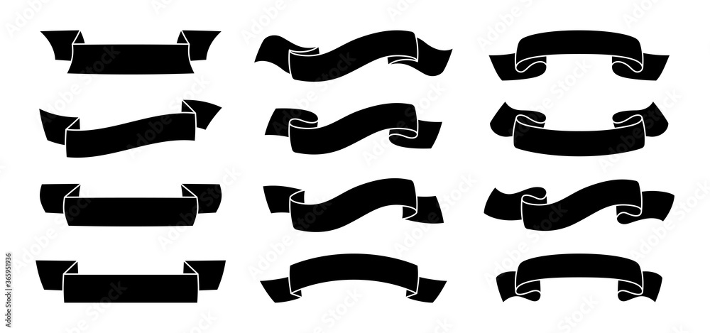 Ribbon silhouette vintage collection. Black tape pictograms set modern icons. Creative design shape ribbons. Web icon kit of text banner tapes greeting cards, invitations. Isolated vector illustration