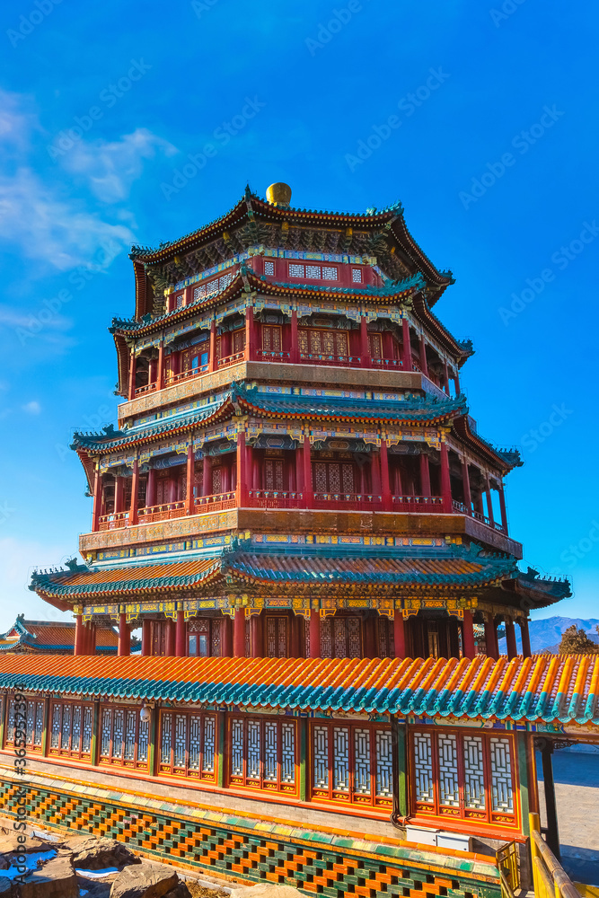 Tower of Buddhist Incense (Foxiangge) at The Summer Palace built by Qianlong Emperor. It is a classic work of Chinese architecture builtfor worshipping Buddha Tower of Buddhist Incense (Foxiangge) at The Summer Palace built by Qianlong Emperor. It is a classic work of Chinese architecture builtfor worshipping Buddha