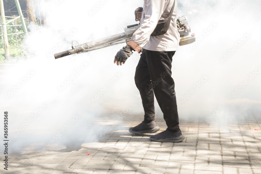 Handheld mosquitos fogger. Man fogging to eliminate mosquitos from the