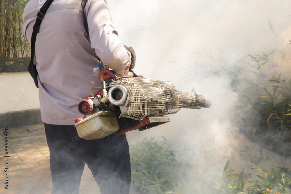Handheld mosquitos fogger. Man fogging to eliminate mosquitos from the
