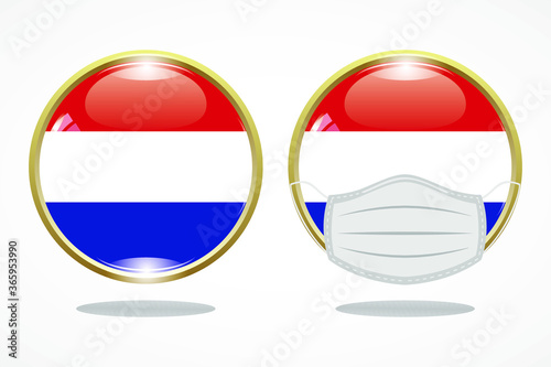 Flag of netherlands as round glossy icon, Button with netherlands flag, gold circleline photo