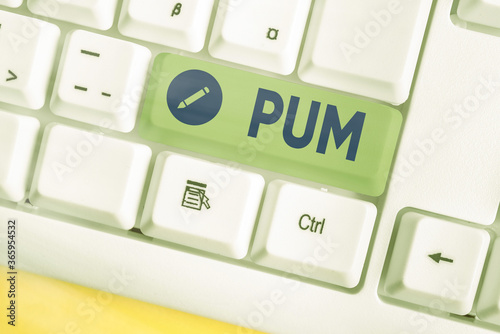 Text sign showing Pum. Business photo showcasing unwanted change that can be performed by legitimate applications Different colored keyboard key with accessories arranged on empty copy space photo