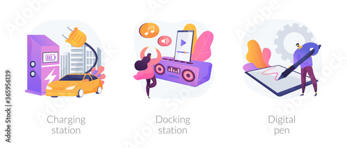 Electronic device use and charge abstract concept vector illustration set. Charging station, docking station, digital pen, electrical outlet, battery capacity, play music, connect abstract metaphor.