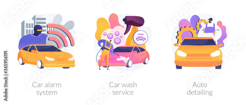 Automobile care service abstract concept vector illustration set. Car alarm system, car wash service, auto detailing, anti-theft, automatic wash, full service, vehicle detailing abstract metaphor.