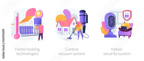 Home technologies abstract concept vector illustration set. Home heating, central vacuum system, indoor security, smart house appliance automation, mobile application, household abstract metaphor.