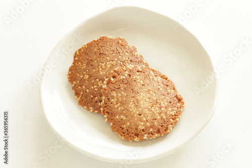 Japanese confectionery, almond nut cracker on dish
