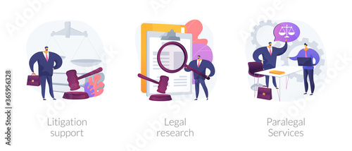 Legal outsourcing abstract concept vector illustration set. Litigation support, legal research, paralegal services, attorney assistant, forensic accounting, law firm, affidavit abstract metaphor.
