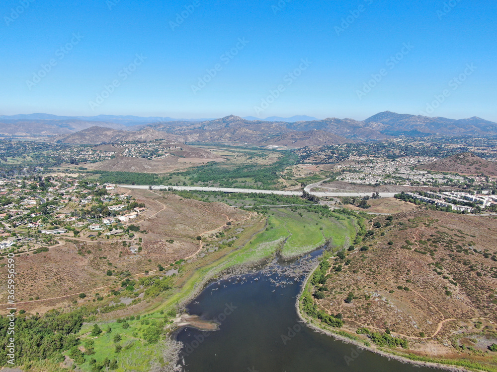 Aerial view of Inland Lake Hodges and Bernardo Mountain, great hiking trail and water activity in Rancho Bernardo East San Diego County, California, USA Aerial view of Inland Lake Hodges and Bernardo Mountain, great hiking trail and water activity in Rancho Bernardo East San Diego County, California, USA