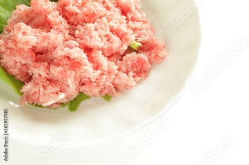 Japanese food, minced tuna fish with copy space