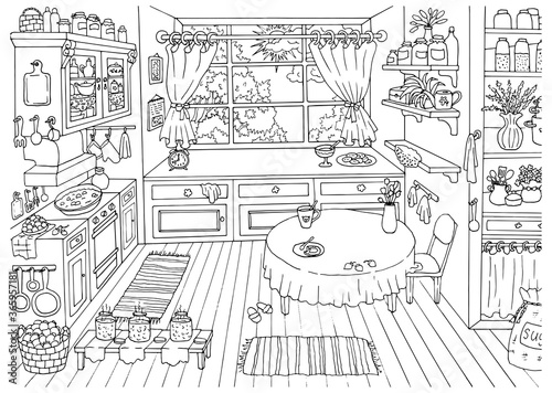 Cute hand drawn vector illustration of vintage country style kitchen with nobody, funny scene creator, graphic vintage background, line art drawing for coloring book, outline sketch