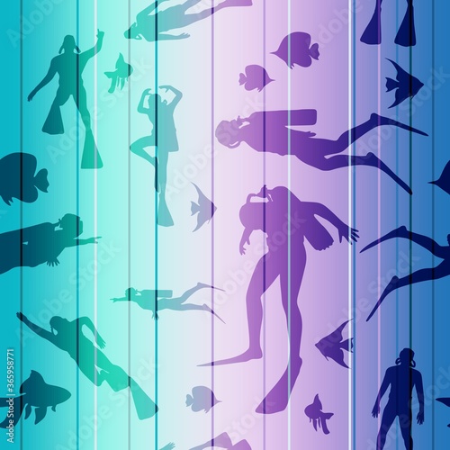 Silhouettes of diver. Seamless background with diver icons. The concept of sport diving.