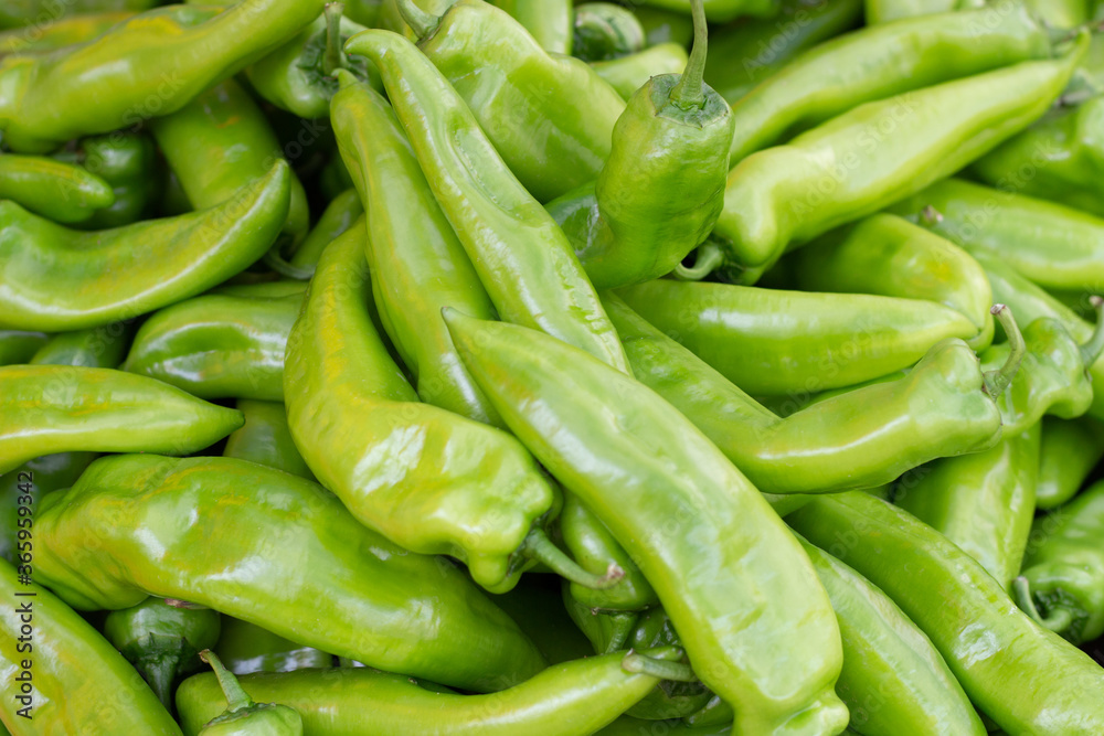 Large amount of green chili peppers, natural background, top view