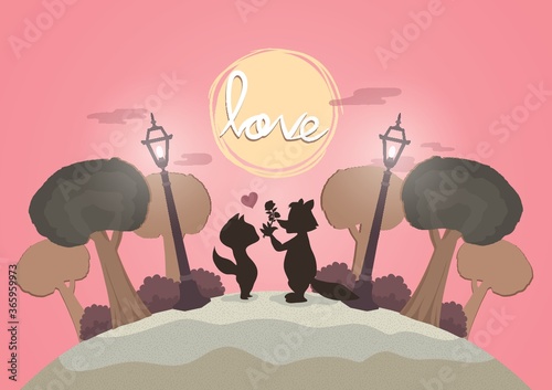romantic animal couple in an evening park