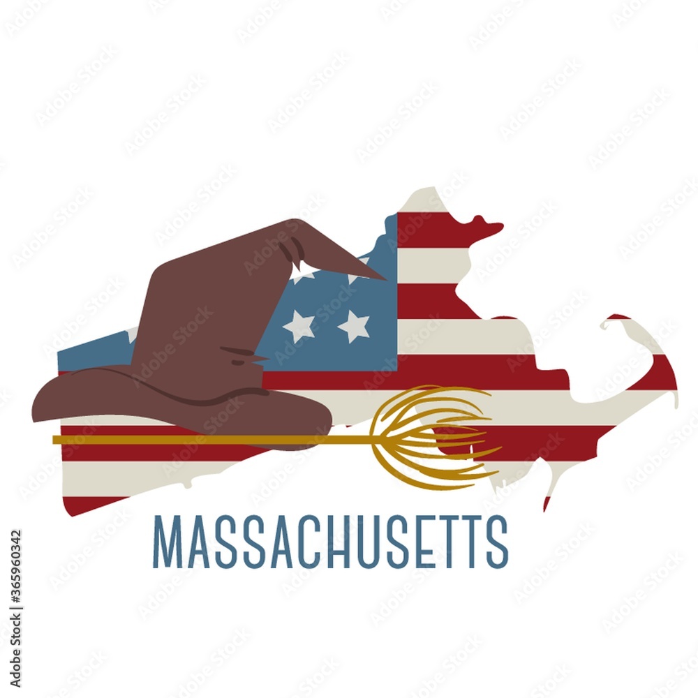 massachusetts state map with witch hat and broom massachusetts state map with witch hat and broom