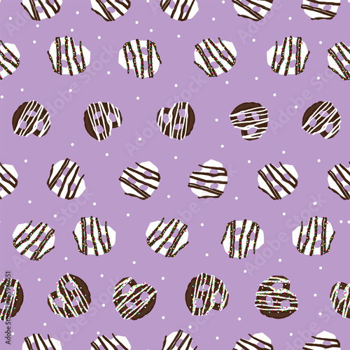 chocolate covered pretzel seamless pattern on white dots purple background design