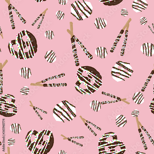 chocolate covered pretzels and stick pretzels seamless pattern on pink background design