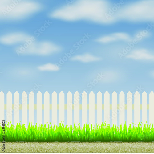View of the fenced yard with green grass, pathway and white clouds in the blue sky
