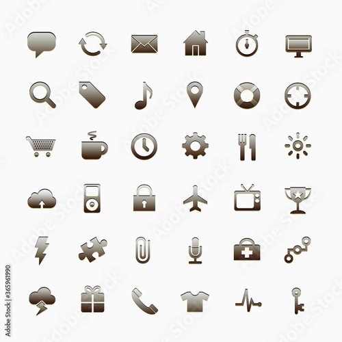 Set of buttons and icons for time, location, mail, results, problem, weather and technology