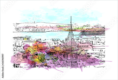 Building view with landmark of Aalborg is a city in the Jutland region of Denmark. Watercolor splash with hand drawn sketch illustration in vector.