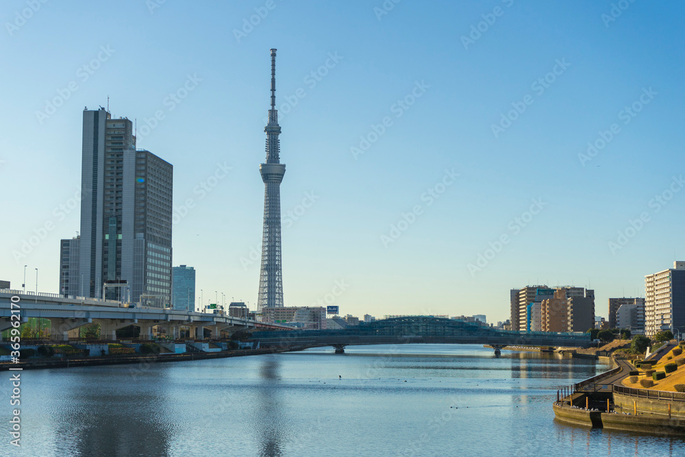 Tokyo Skytree with blue sky background and Sumida river as foreground in Tokyo, Japan 