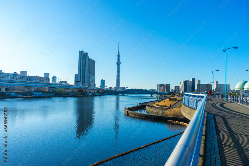Tokyo Skytree with blue sky background and Sumida river as foreground in Tokyo, Japan 