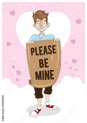 man holding please be mine paper
