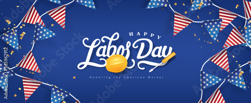 Labor day banner template decor with american flags Garlands decor.Calligraphy of Labor day.