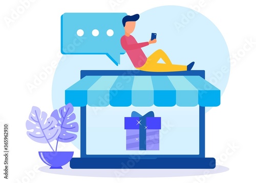 Vector illustration of a business concept, men order goods online, receive messages by telephone, simple and practical, online shop, buying and selling.