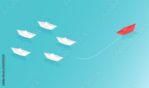 Paper boat sailing on blue ocean design concept. Paper art style of business teamwork and one different vision creative concept idea. Vector illustration