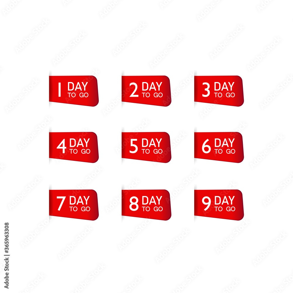 Set of number days left countdown for promotional banner. One day to go sign, label. Vector on isolated white background. EPS 10. Set of number days left countdown for promotional banner. One day to go sign, label. Vector on isolated white background. EPS 10.