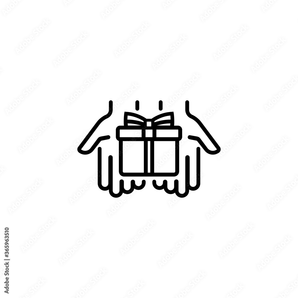 Gift in palms line icon. Hands holding a present box. Vector on isolated white background. EPS 10.
