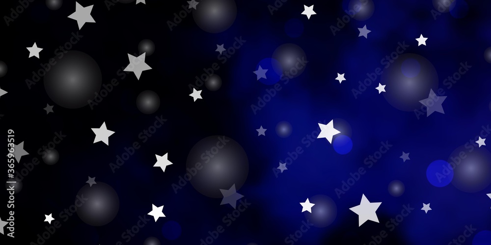 Dark BLUE vector backdrop with circles, stars. Illustration with set of colorful abstract spheres, stars. Texture for window blinds, curtains.