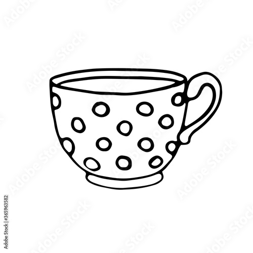 Outline Polka dot Cup. Mug from a hot drink. Hand drawn simple kitchen supplies. Vector illustration isolated on white background