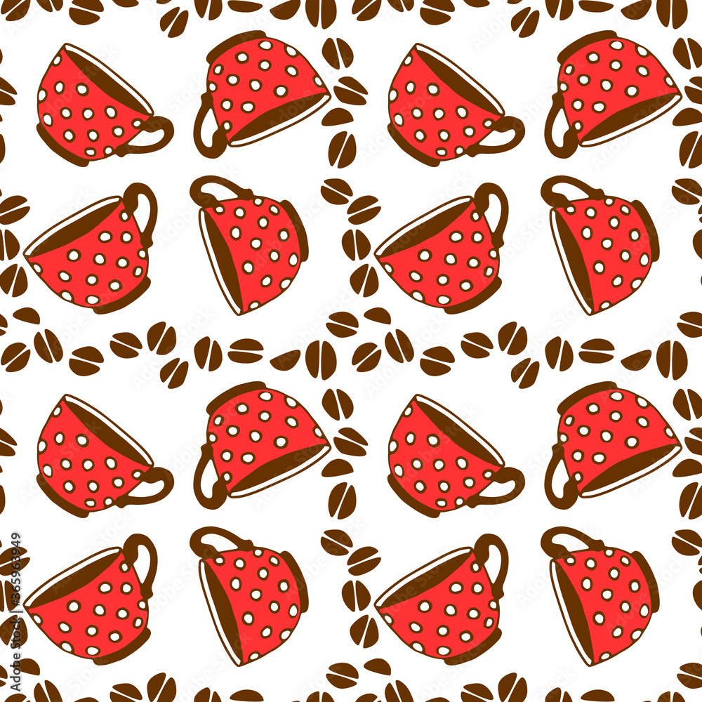 Seamless pattern with red polka dot cups mugs and grains of coffee. Hand drawn kitchen supplies isolated. Vector background and texture. Perfect for packaging, home decoration, textile, menu, cafe Seamless pattern with red polka dot cups mugs and grains of coffee. Hand drawn kitchen supplies isolated. Vector background and texture. Perfect for packaging, home decoration, textile, menu, cafe
