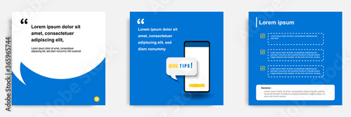 Social media tutorial, tip, trick, quick tips, layout template with geometric background design in blue, white, yellow color. Vector illustration