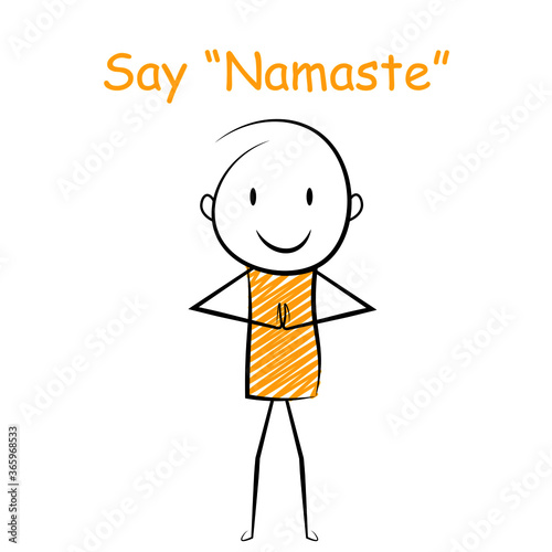 cartoon stickman: corona virus,,say namaste, social distance, stand with distance . Vector Illustration