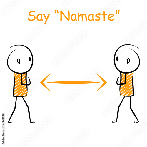 cartoon stickman: corona virus,,say namaste, social distance, stand with distance . Vector Illustration
