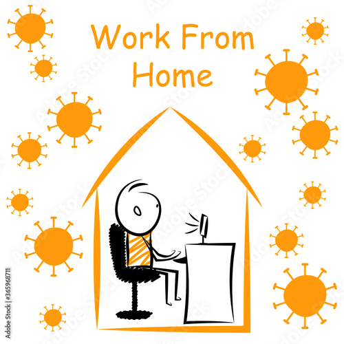 cartoon stickman: corona virus, work from home. Vector Illustration